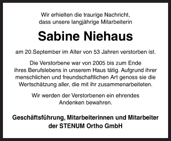Traueranzeige von Sabine Niehaus von Neue Osnabrücker Zeitung GmbH & Co. KG