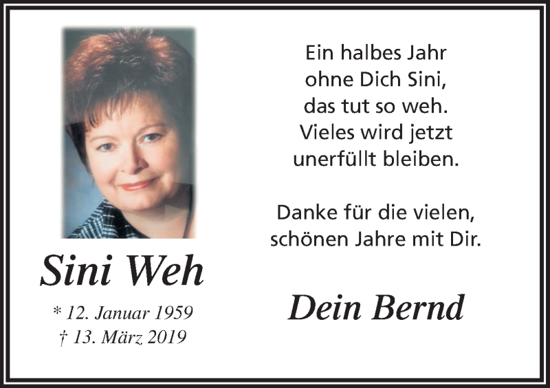  Traueranzeige für Sini Weh vom 13.09.2019 aus Neue Osnabrücker Zeitung GmbH & Co. KG