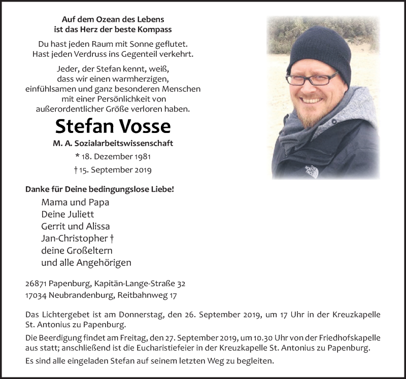  Traueranzeige für Stefan Vosse vom 23.09.2019 aus Neue Osnabrücker Zeitung GmbH & Co. KG