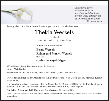 Traueranzeige von Thekla Wessels von Neue Osnabrücker Zeitung GmbH & Co. KG