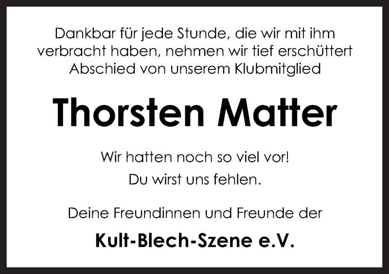  Traueranzeige für Thorsten Matter vom 04.09.2019 aus Neue Osnabrücker Zeitung GmbH & Co. KG