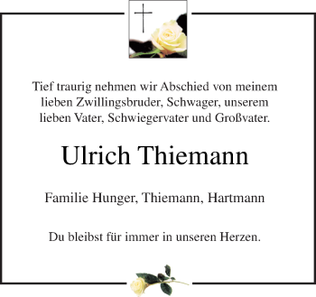 Traueranzeige von Ulrich Thiemann von Neue Osnabrücker Zeitung GmbH & Co. KG
