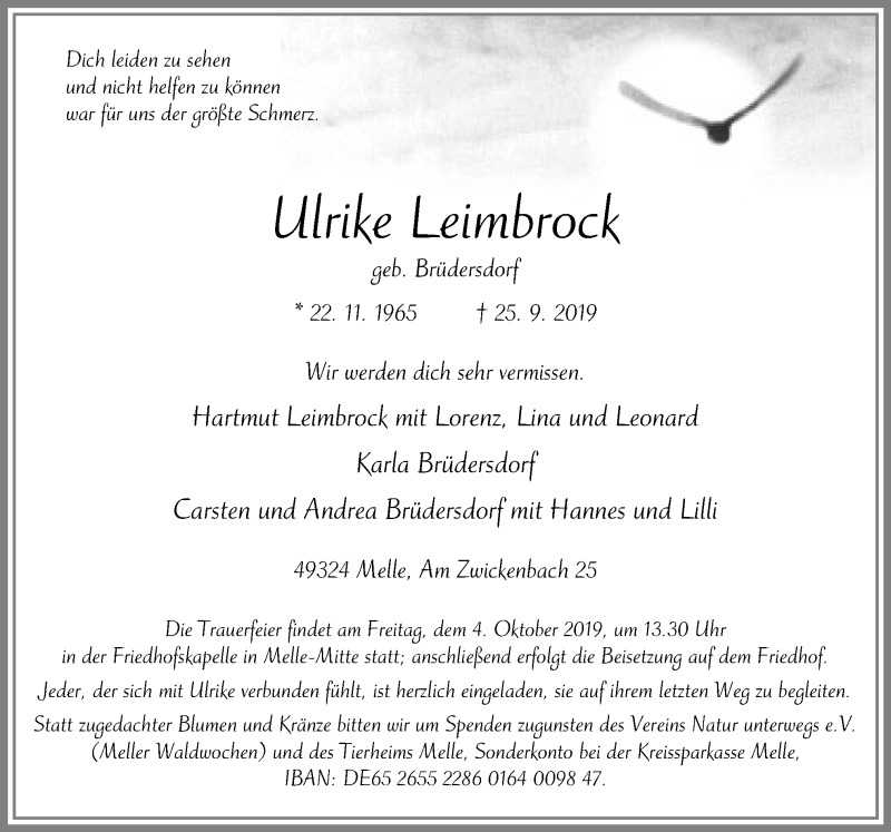  Traueranzeige für Ulrike Leimbrock vom 30.09.2019 aus Neue Osnabrücker Zeitung GmbH & Co. KG