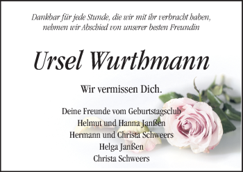 Traueranzeige von Ursel Wurthmann von Neue Osnabrücker Zeitung GmbH & Co. KG