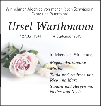 Traueranzeige von Ursel Wurthmann von Neue Osnabrücker Zeitung GmbH & Co. KG