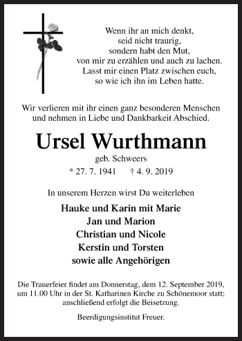 Traueranzeige von Ursel Wurthmann von Neue Osnabrücker Zeitung GmbH & Co. KG