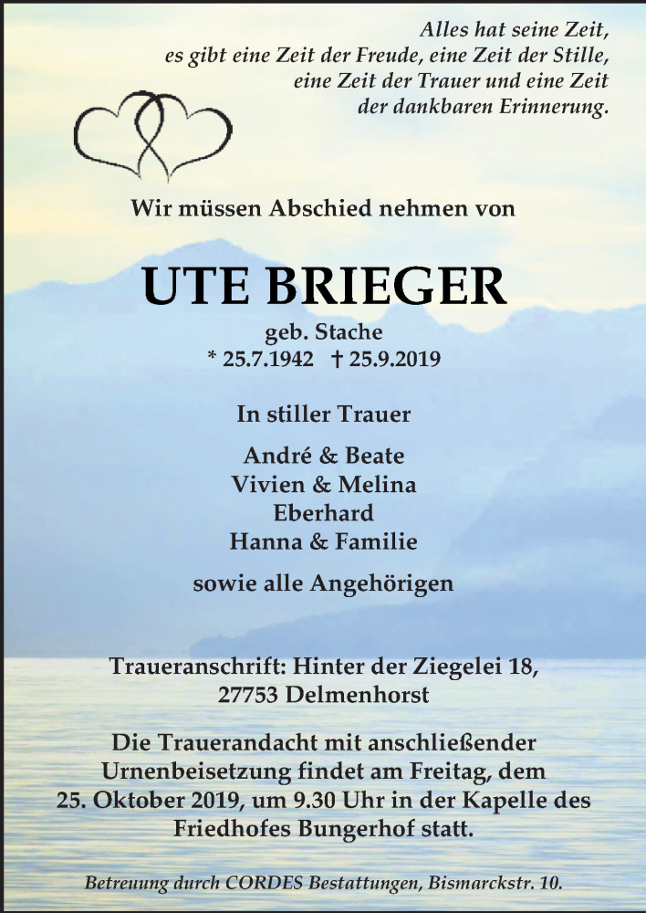  Traueranzeige für Ute Brieger vom 28.09.2019 aus Neue Osnabrücker Zeitung GmbH & Co. KG