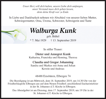 Traueranzeige von Walburga Kunk von Neue Osnabrücker Zeitung GmbH & Co. KG