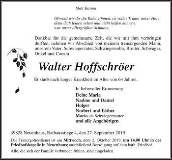 Traueranzeige von Walter Hoffschröer von Neue Osnabrücker Zeitung GmbH & Co. KG