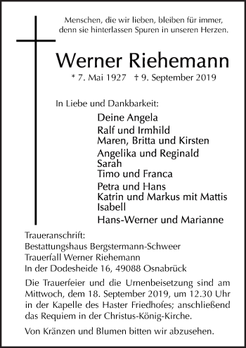 Traueranzeige von Werner Riehemann von Neue Osnabrücker Zeitung GmbH & Co. KG