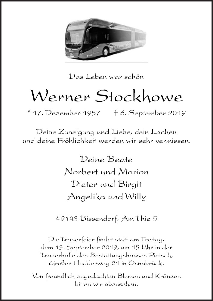  Traueranzeige für Werner Stockhowe vom 11.09.2019 aus Neue Osnabrücker Zeitung GmbH & Co. KG