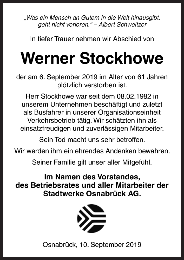 Traueranzeige für Werner Stockhowe vom 11.09.2019 aus Neue Osnabrücker Zeitung GmbH & Co. KG