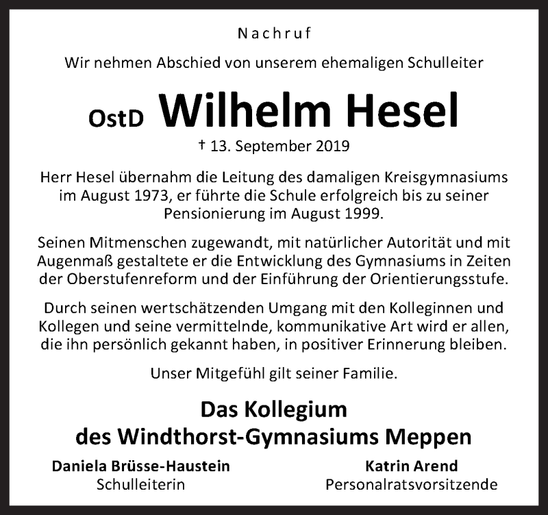  Traueranzeige für Wilhelm Hesel vom 25.09.2019 aus Neue Osnabrücker Zeitung GmbH & Co. KG