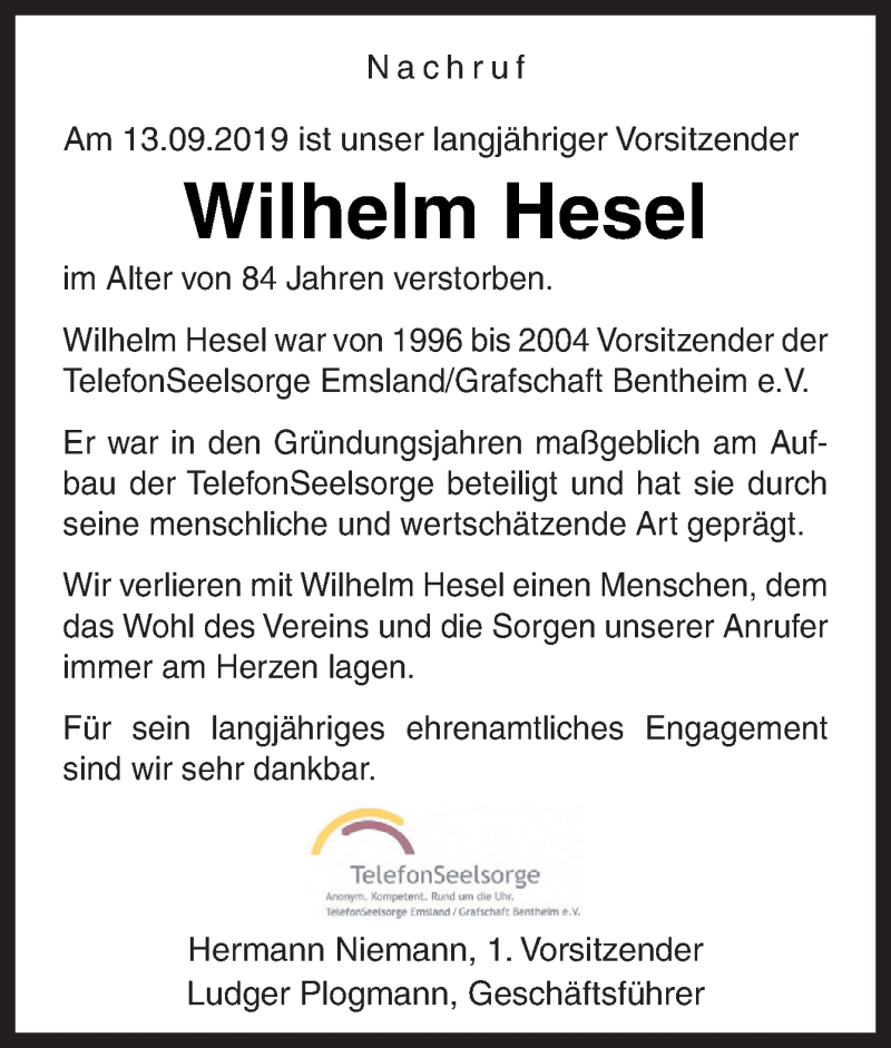 Traueranzeige für Wilhelm Hesel vom 20.09.2019 aus Neue Osnabrücker Zeitung GmbH & Co. KG