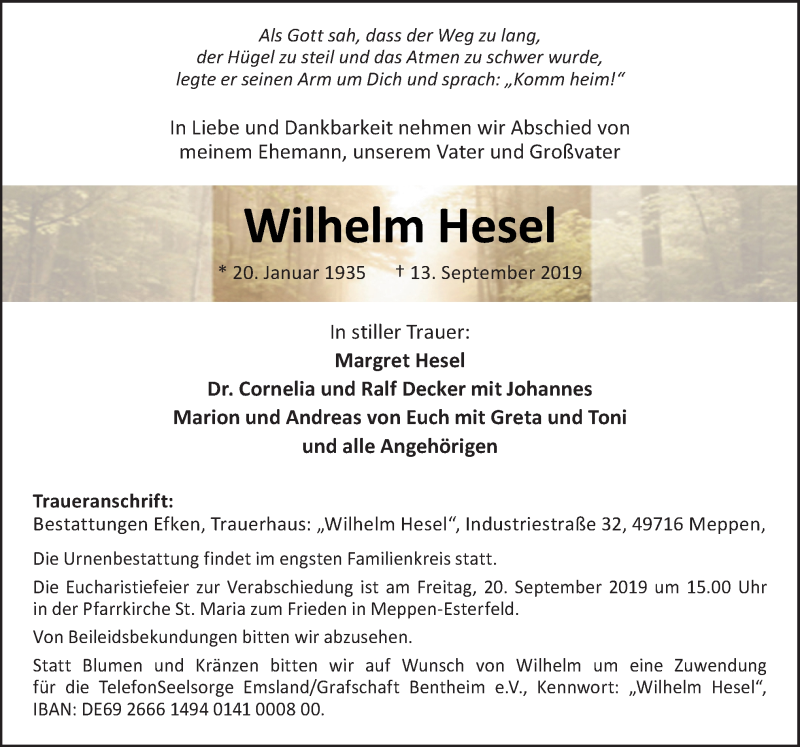  Traueranzeige für Wilhelm Hesel vom 17.09.2019 aus Neue Osnabrücker Zeitung GmbH & Co. KG