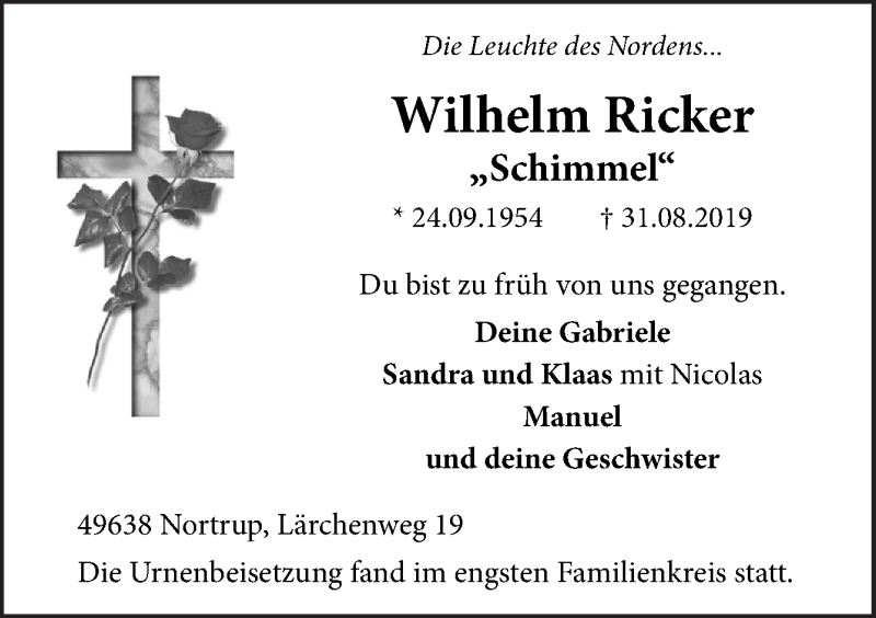  Traueranzeige für Wilhelm Ricker vom 07.09.2019 aus Neue Osnabrücker Zeitung GmbH & Co. KG