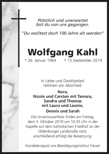 Traueranzeige von Wolfgang Kahl von Neue Osnabrücker Zeitung GmbH & Co. KG