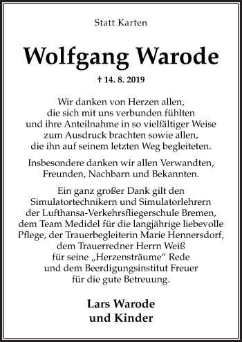 Traueranzeige von Wolfgang Warode von Neue Osnabrücker Zeitung GmbH & Co. KG