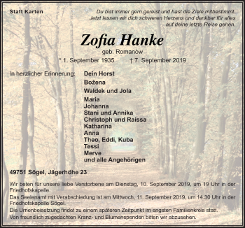 Traueranzeige von Zofia Hanke von Neue Osnabrücker Zeitung GmbH & Co. KG