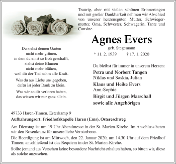 Traueranzeige von Agnes Evers von Neue Osnabrücker Zeitung GmbH & Co. KG