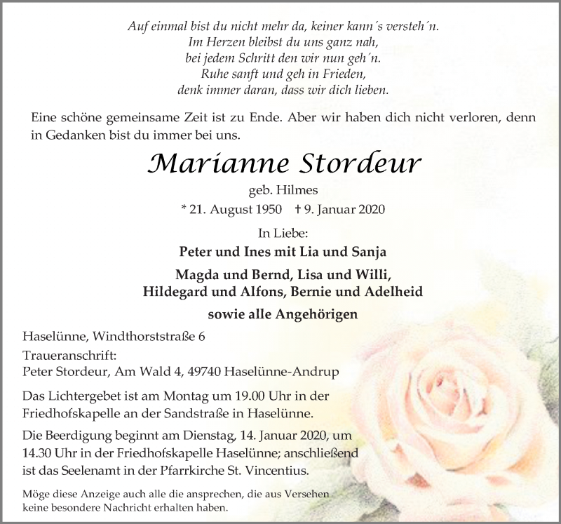  Traueranzeige für Alarianne Stordeur vom 11.01.2020 aus Neue Osnabrücker Zeitung GmbH & Co. KG