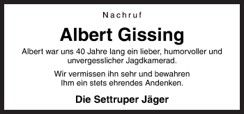 Traueranzeige von Albert Gissing von Neue Osnabrücker Zeitung GmbH & Co. KG