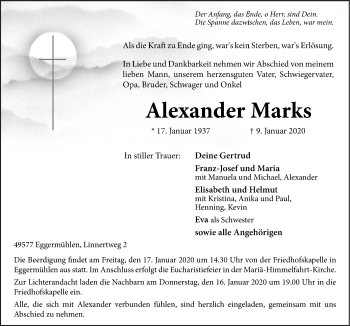 Traueranzeige von Alexander Marks von Neue Osnabrücker Zeitung GmbH & Co. KG