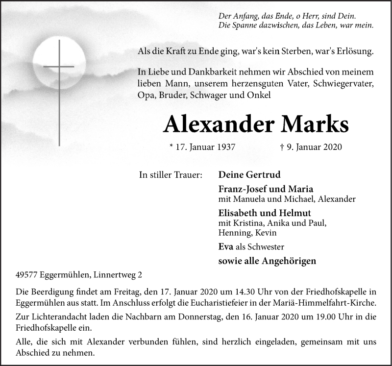  Traueranzeige für Alexander Marks vom 13.01.2020 aus Neue Osnabrücker Zeitung GmbH & Co. KG