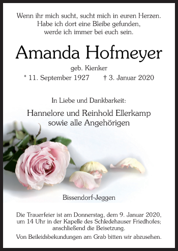 Traueranzeige von Amanda Hofmeyer von Neue Osnabrücker Zeitung GmbH & Co. KG