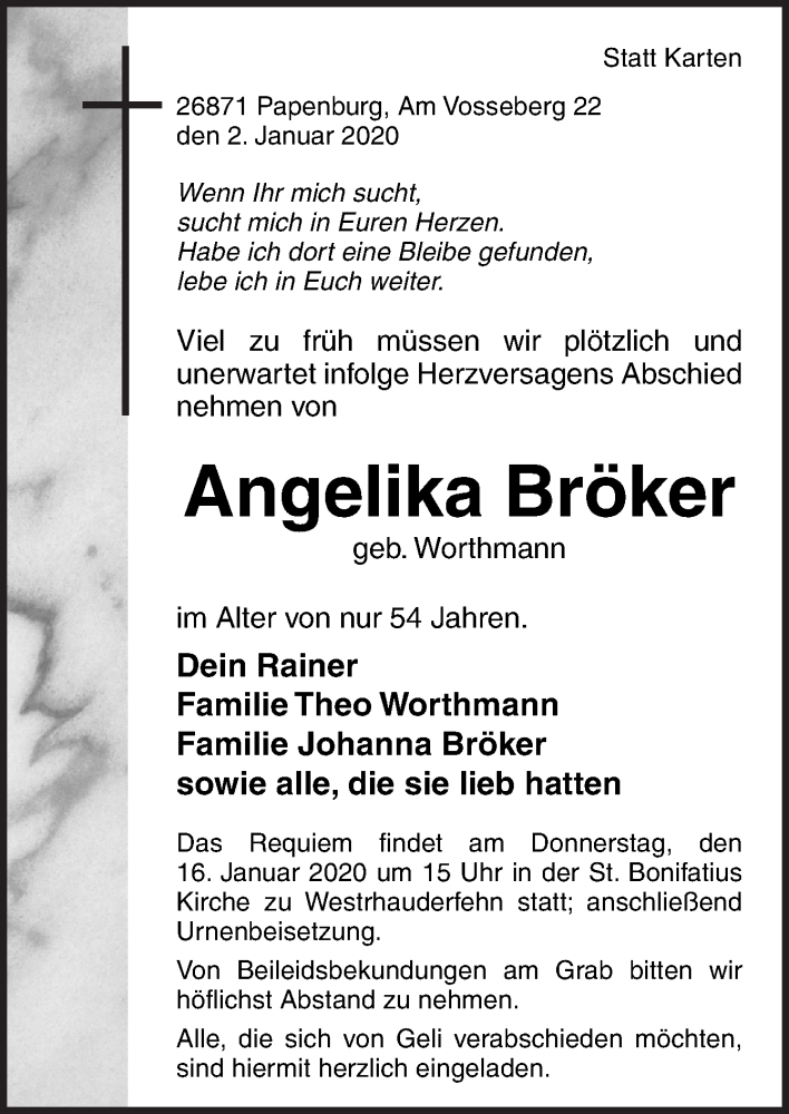  Traueranzeige für Angelika Bröker vom 11.01.2020 aus Neue Osnabrücker Zeitung GmbH & Co. KG