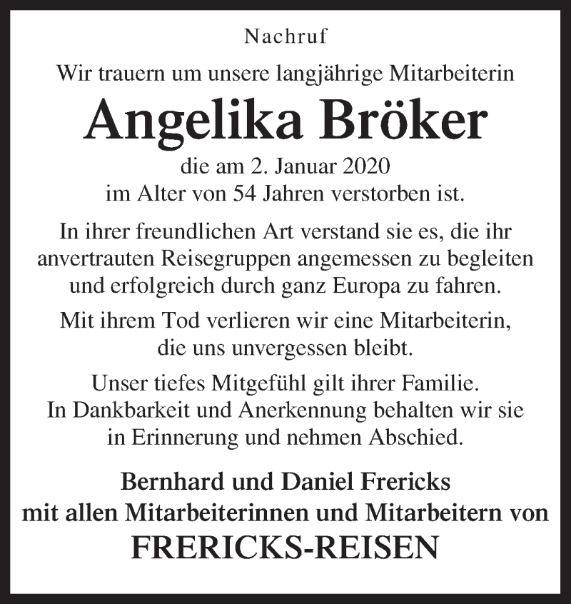  Traueranzeige für Angelika Bröker vom 09.01.2020 aus Neue Osnabrücker Zeitung GmbH & Co. KG