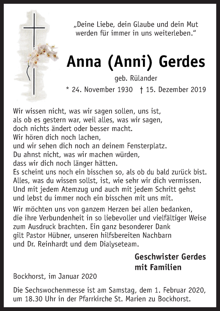 Traueranzeigen von Anna Gerdes | noz Trauerportal