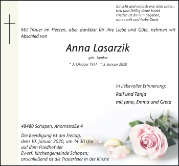 Traueranzeige von Anna Lasarzik von Neue Osnabrücker Zeitung GmbH & Co. KG