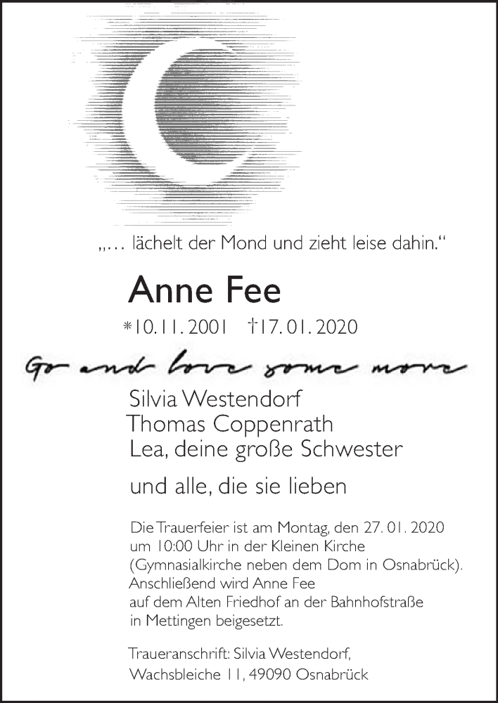  Traueranzeige für Anne Fee  vom 22.01.2020 aus Neue Osnabrücker Zeitung GmbH & Co. KG