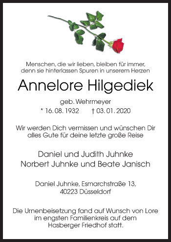 Traueranzeige von Annelore Hilgediek von Neue Osnabrücker Zeitung GmbH & Co. KG