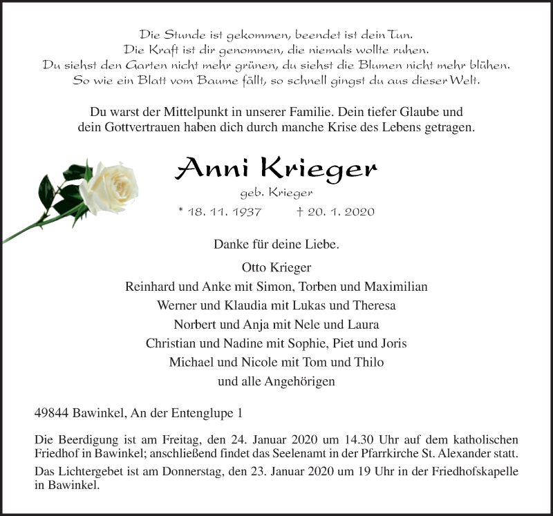  Traueranzeige für Anni Krieger vom 23.01.2020 aus Neue Osnabrücker Zeitung GmbH & Co. KG