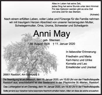 Traueranzeige von Anni May von Neue Osnabrücker Zeitung GmbH & Co. KG