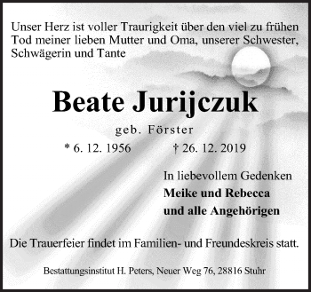 Traueranzeige von Beate Jurijczuk von Neue Osnabrücker Zeitung GmbH & Co. KG