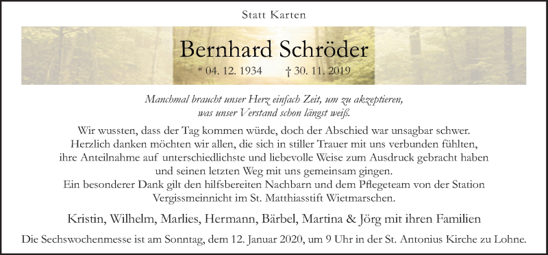  Traueranzeige für Bernhard Schröder vom 08.01.2020 aus Neue Osnabrücker Zeitung GmbH & Co. KG