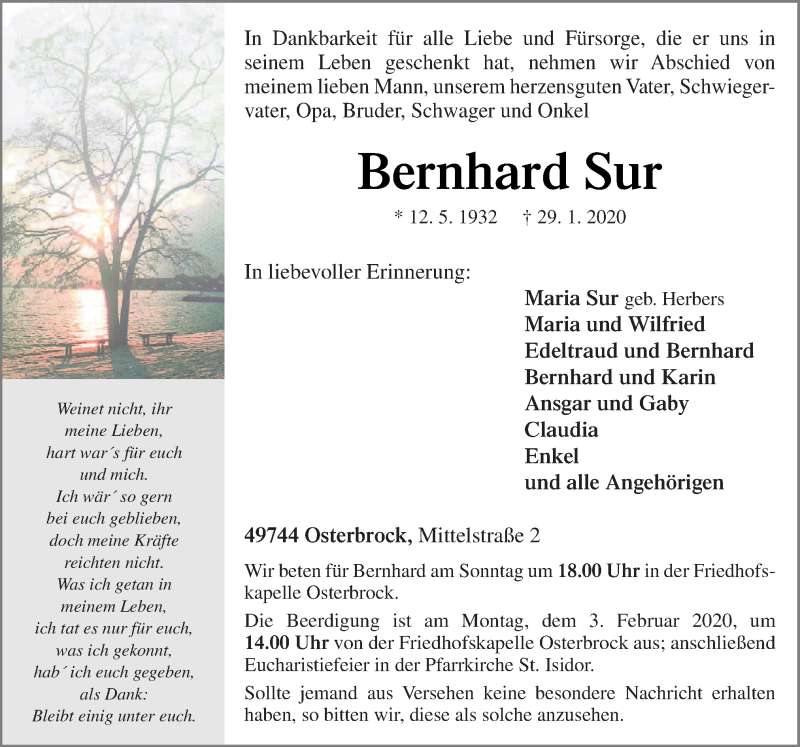  Traueranzeige für Bernhard Sur vom 31.01.2020 aus Neue Osnabrücker Zeitung GmbH & Co. KG