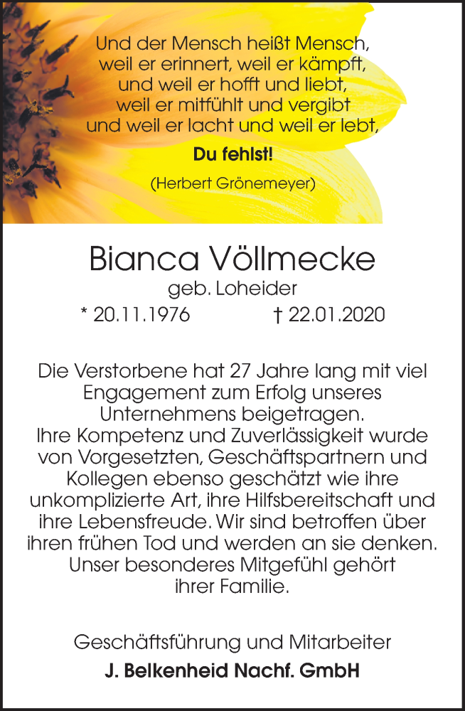  Traueranzeige für Bianca Völlmecke vom 30.01.2020 aus Neue Osnabrücker Zeitung GmbH & Co. KG
