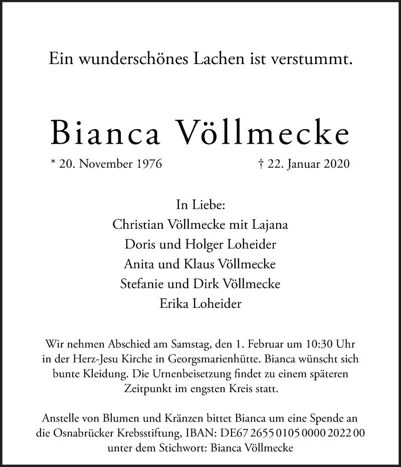  Traueranzeige für Bianca Völlmecke vom 25.01.2020 aus Neue Osnabrücker Zeitung GmbH & Co. KG