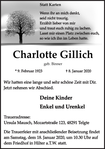 Traueranzeige von Charlotte Gillich von Neue Osnabrücker Zeitung GmbH & Co. KG