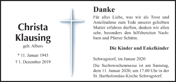 Traueranzeige von Christa Klausing von Neue Osnabrücker Zeitung GmbH & Co. KG