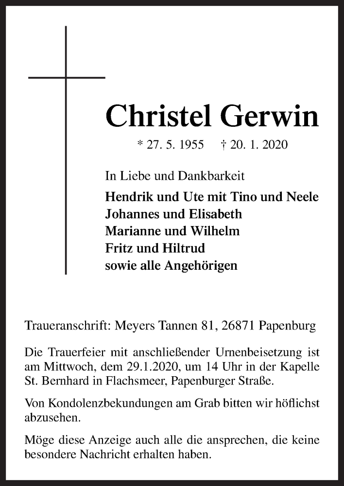  Traueranzeige für Christel Gerwin vom 27.01.2020 aus Neue Osnabrücker Zeitung GmbH & Co. KG