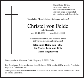 Traueranzeige von Christel von Felde von Neue Osnabrücker Zeitung GmbH & Co. KG