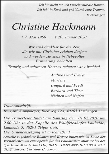 Traueranzeige von Christine Hackmann von Neue Osnabrücker Zeitung GmbH & Co. KG