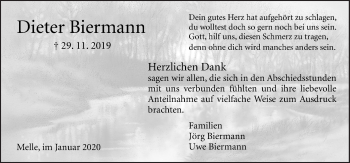 Traueranzeige von Dieter Biermann von Neue Osnabrücker Zeitung GmbH & Co. KG