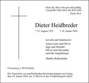 Traueranzeige von Dieter Heidbreder von Neue Osnabrücker Zeitung GmbH & Co. KG