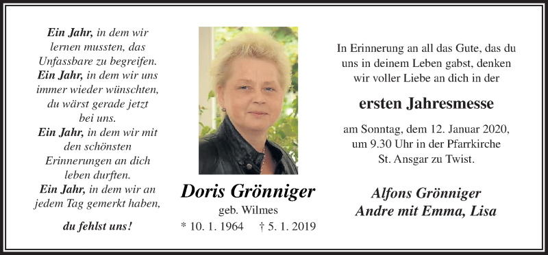  Traueranzeige für Doris Grönniger vom 08.01.2020 aus Neue Osnabrücker Zeitung GmbH & Co. KG